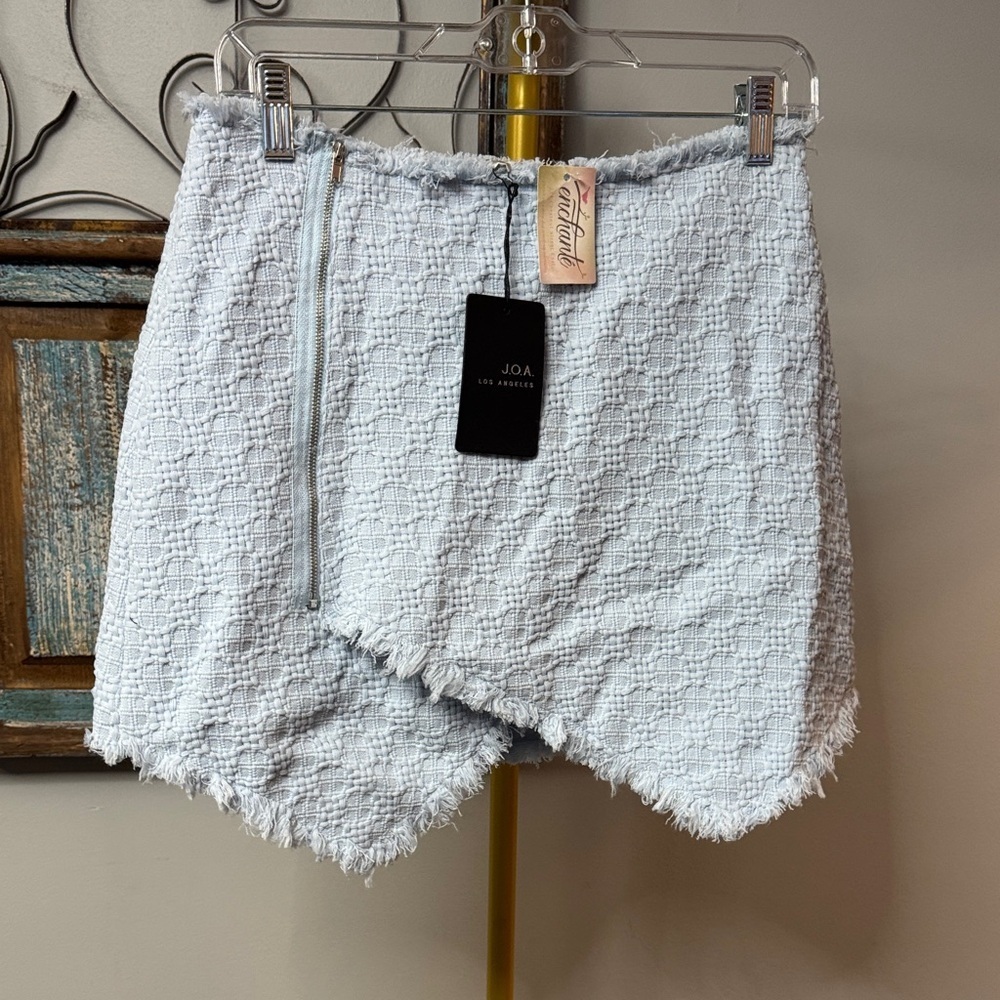 J.O.A. Light Blue twee Textured Asymmetric Frayed Mini Skirt NWT M